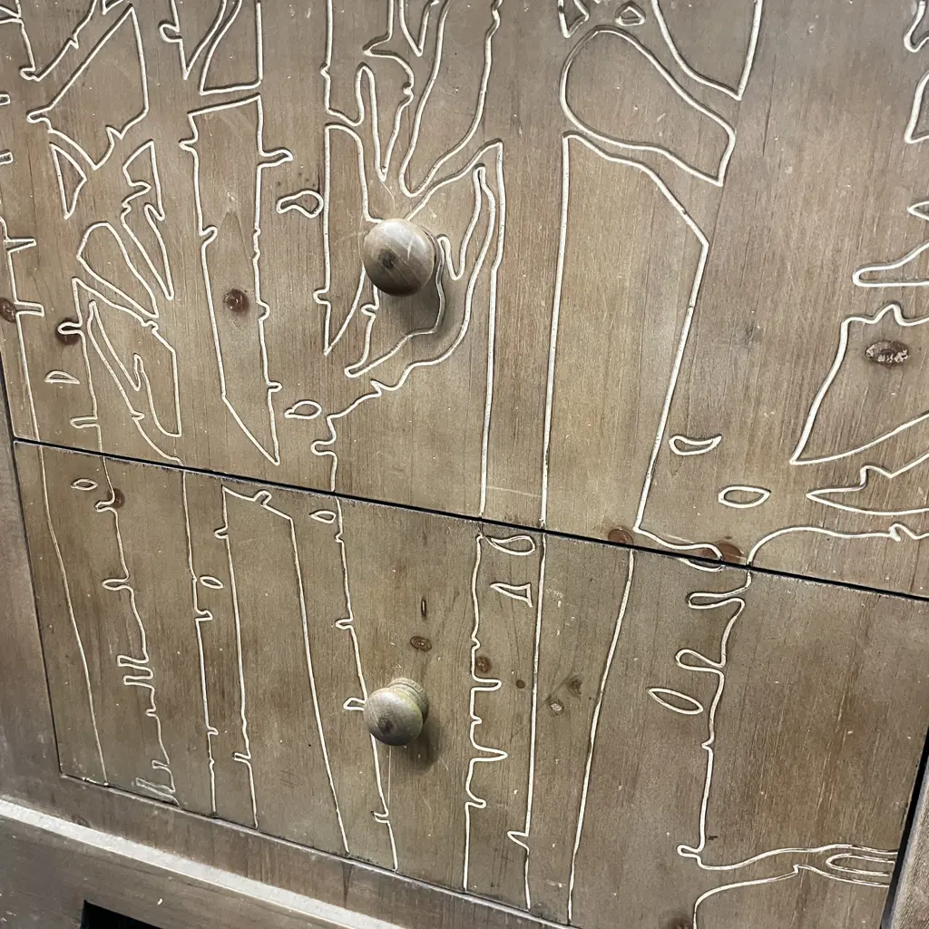 Wooden 2 Drawer Bedside Cabinet with Incised Tree Decoration Image 1++