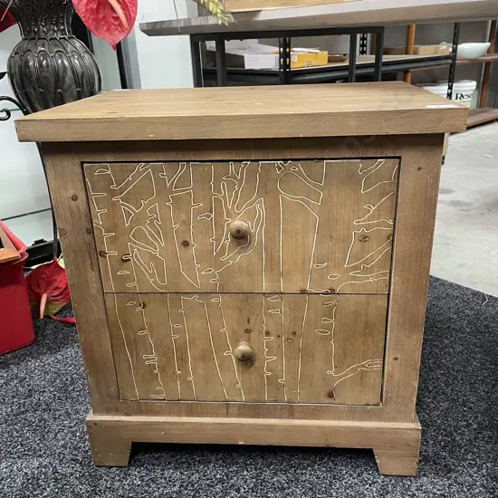 Wooden 2 Drawer Bedside Cabinet with Incised Tree Decoration