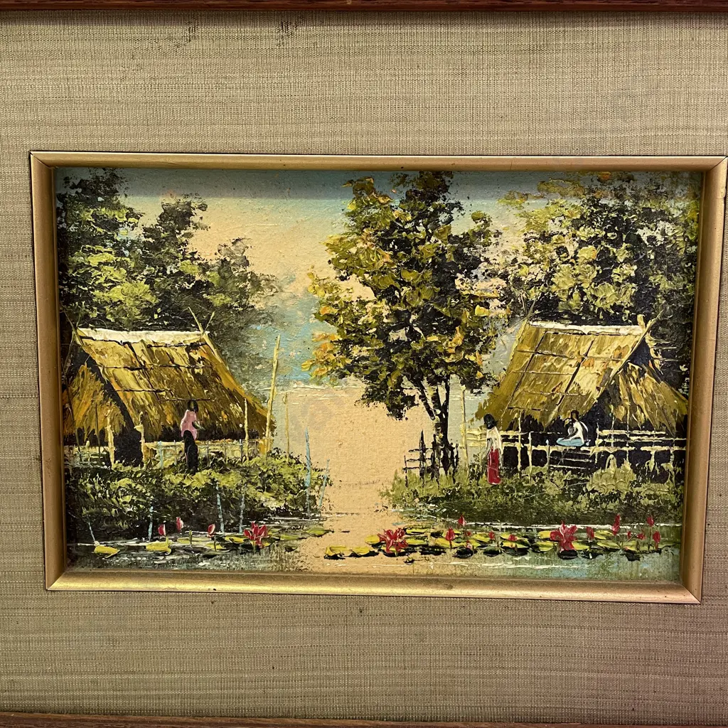 Pair Vintage Original Artworks of River, huts and boats. Signed. 34 x 25cm incl frame Image 1++