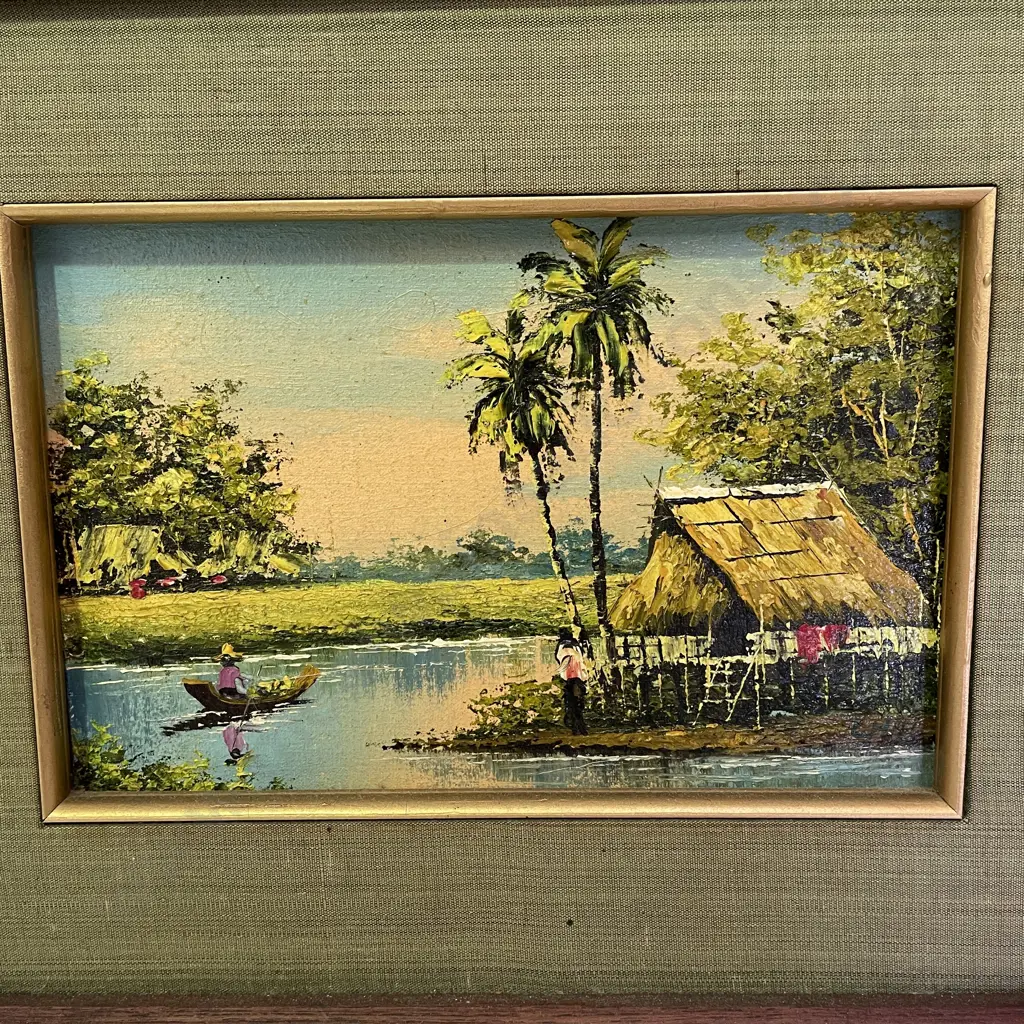 Pair Vintage Original Artworks of River, huts and boats. Signed. 34 x 25cm incl frame Image 1++