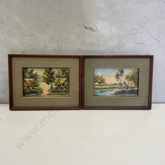 Pair Vintage Original Artworks of River, huts and boats. Signed. 34 x 25cm incl frame