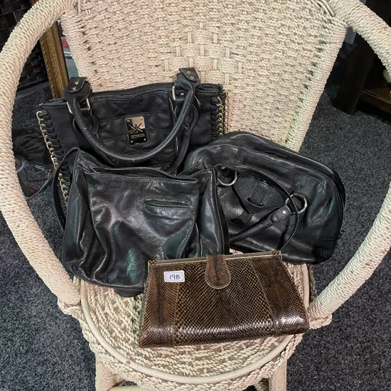 Three Designer Black leather handbags incl. Country Road and Kardashian. With Vintage leather and faux skin purse