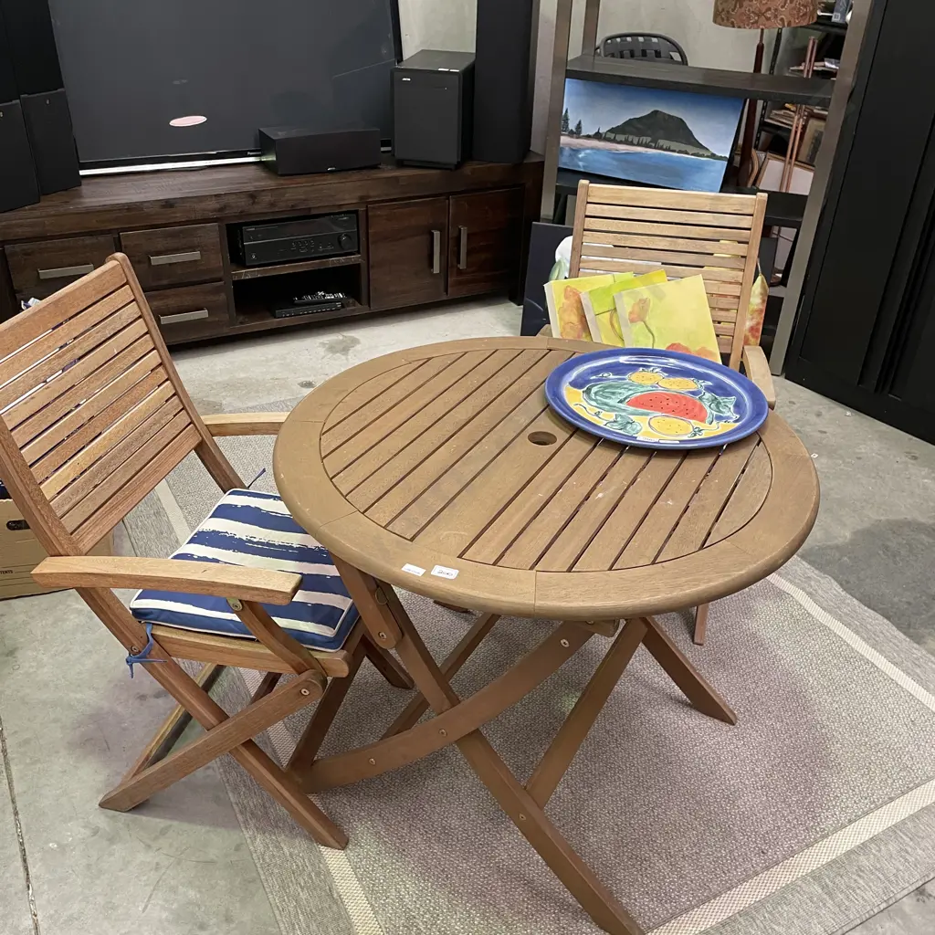 Carmel Nouveau 3 Piece Wooden Outdoor Table Setting Folding Chairs and Table Image 1++
