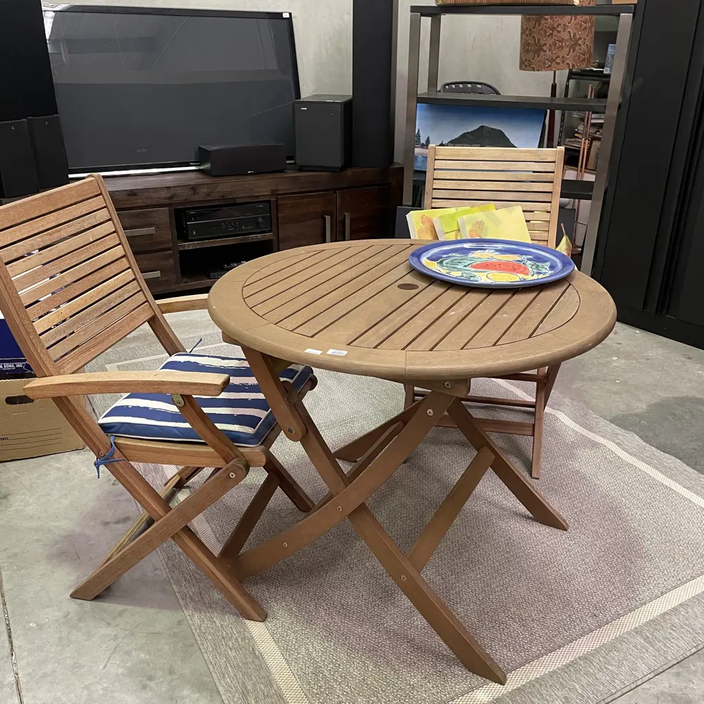 Carmel Nouveau 3 Piece Wooden Outdoor Table Setting Folding Chairs and Table Image 1++
