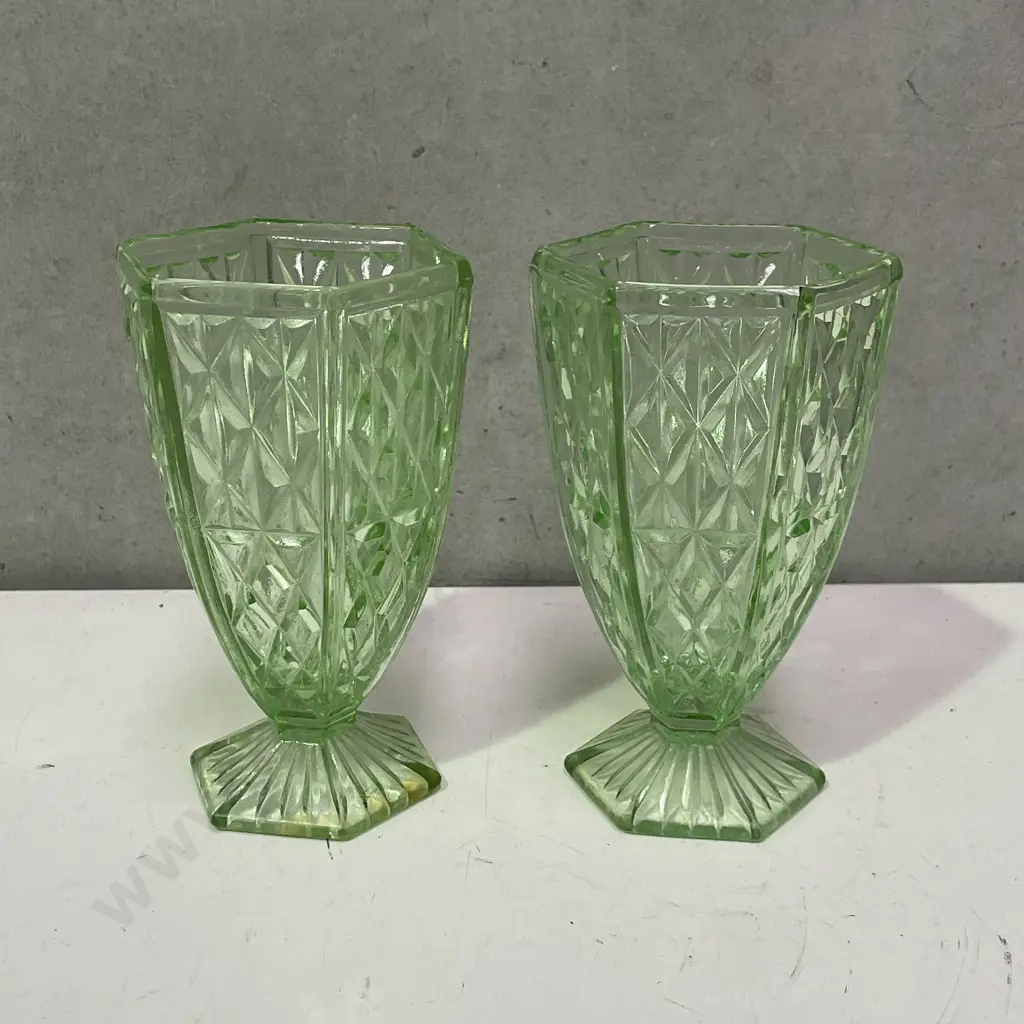 Pair Art Deco Green Glass Vases. H15cm Image 1++