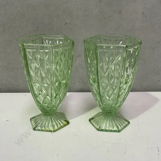 Pair Art Deco Green Glass Vases. H15cm