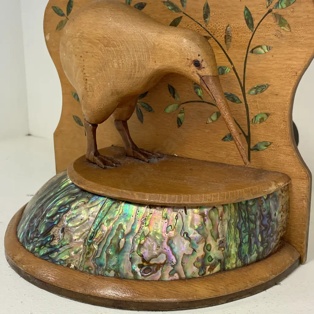 NZ Kiwiana Wall Mount Shelf with Paua Detail and Carved Wooden Kiwi. H22cm L26cm Image 1++