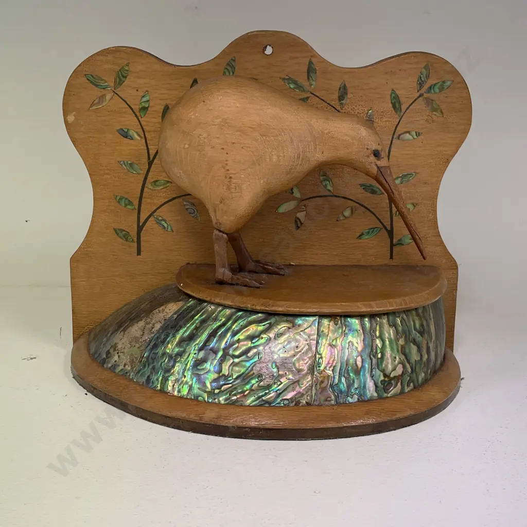 NZ Kiwiana Wall Mount Shelf with Paua Detail and Carved Wooden Kiwi. H22cm L26cm Image 1++