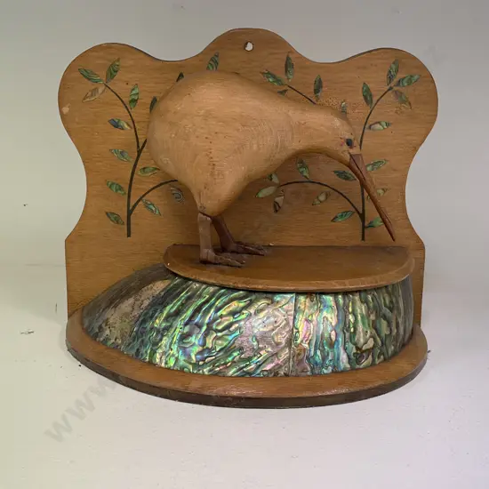 NZ Kiwiana Wall Mount Shelf with Paua Detail and Carved Wooden Kiwi. H22cm L26cm