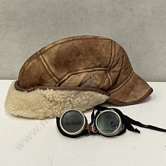 Vintage Cesco 1-Sheild Aviation Goggles with Leather/Sheepskin Cap/Hat