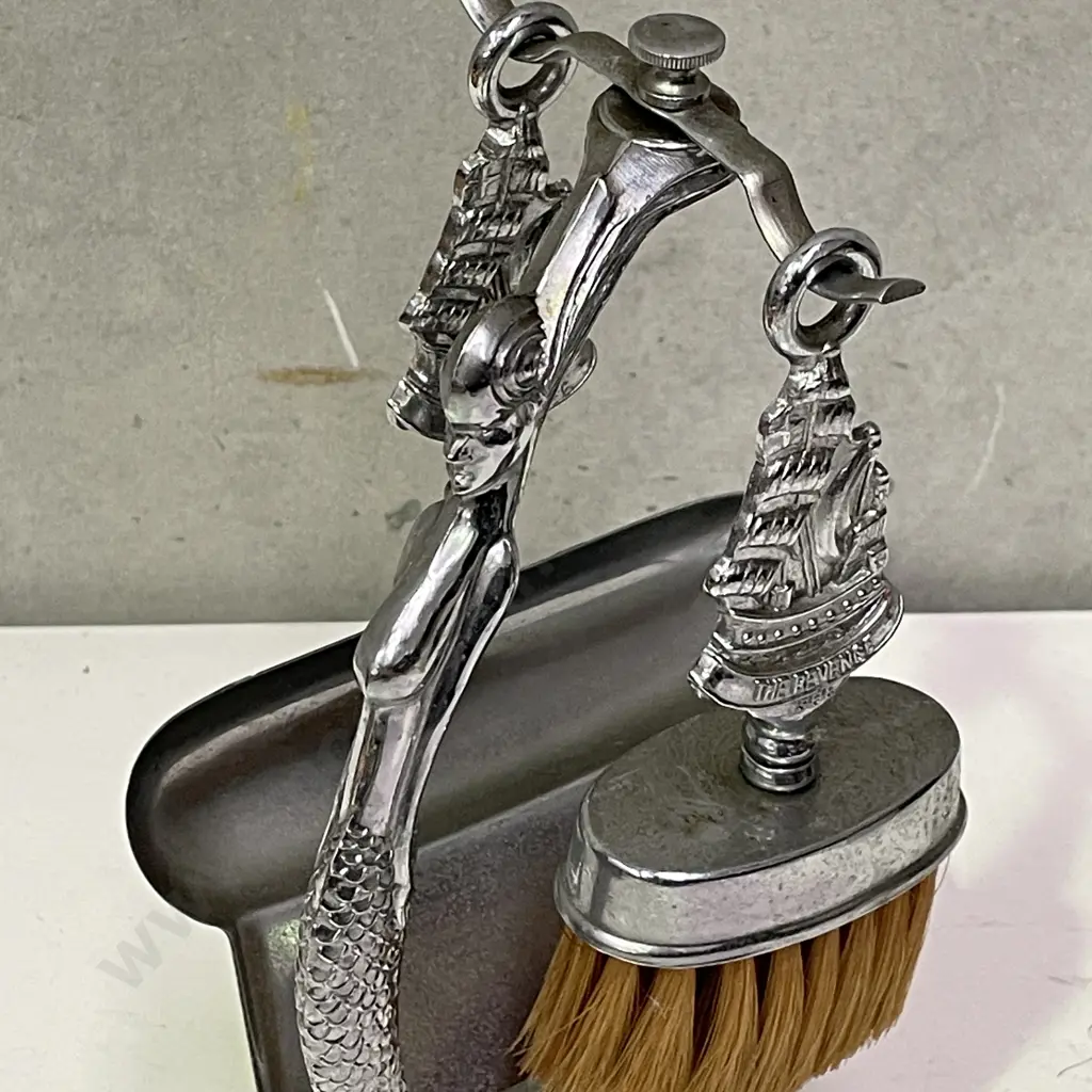 Vintage Art Deco Chrome Mermaid Brush and Shovel Set on Stand Image 1++