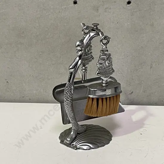 Vintage Art Deco Chrome Mermaid Brush and Shovel Set on Stand