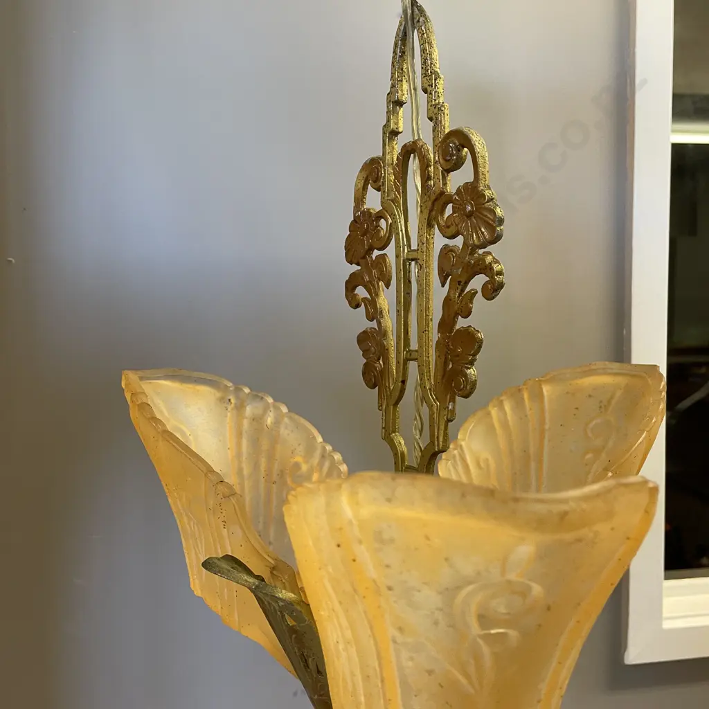 Stunning Art Deco Pendant Lamp with 3 moulded amber glass leaf shades Image 1++