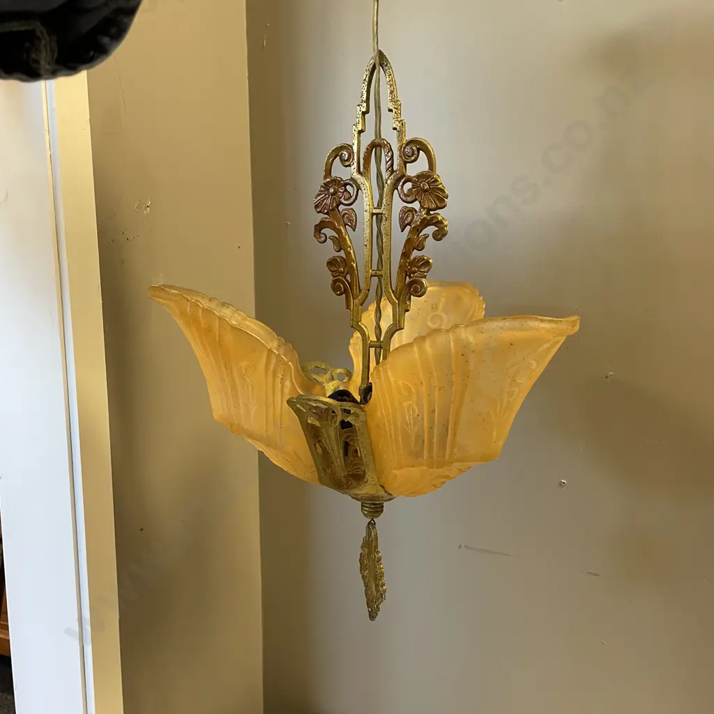 Stunning Art Deco Pendant Lamp with 3 moulded amber glass leaf shades Image 1++