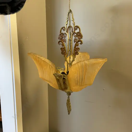 Stunning Art Deco Pendant Lamp with 3 moulded amber glass leaf shades
