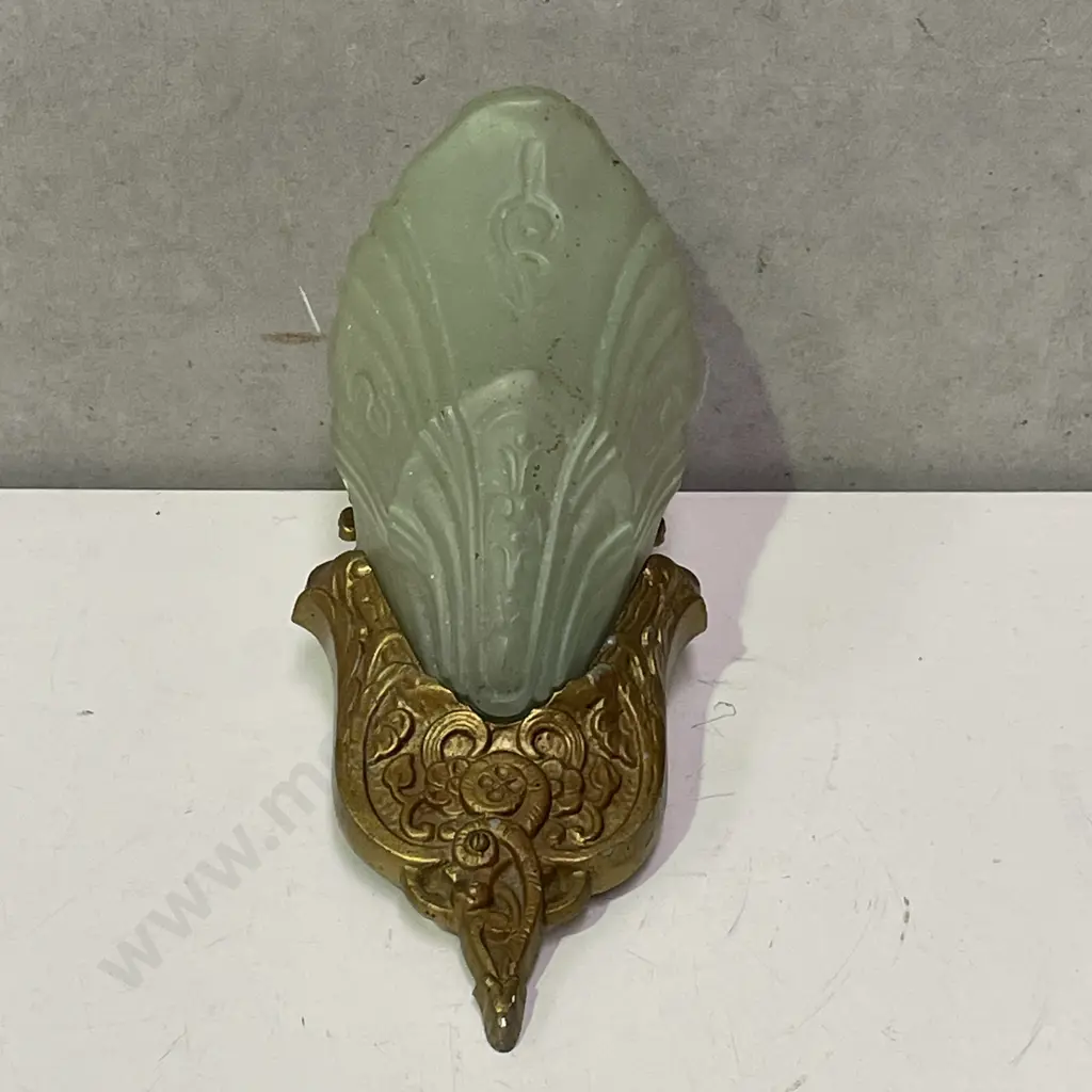 Art Deco Wall Hung Lamp with Brass and moulded green glass shade Image 1++