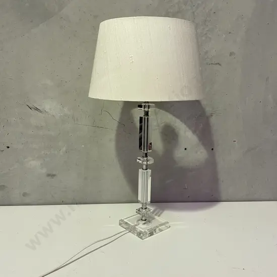 Mid Century Modern Style faceted glass Table Lamp with cream fabric shade. H64cm