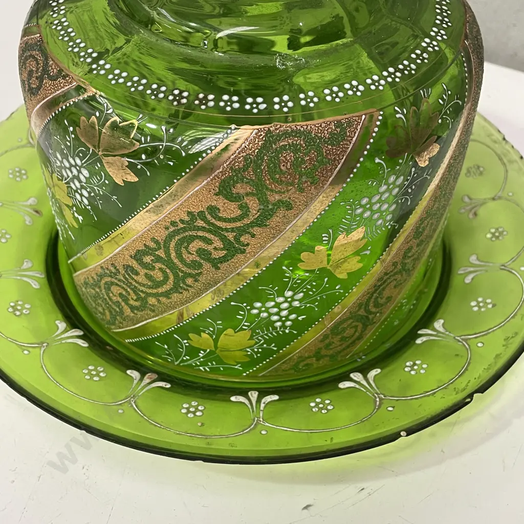Victorian Lime Glass Cheese Keep with handpainted and gilded decoration. H22cm. Some chipping to edge Image 1++