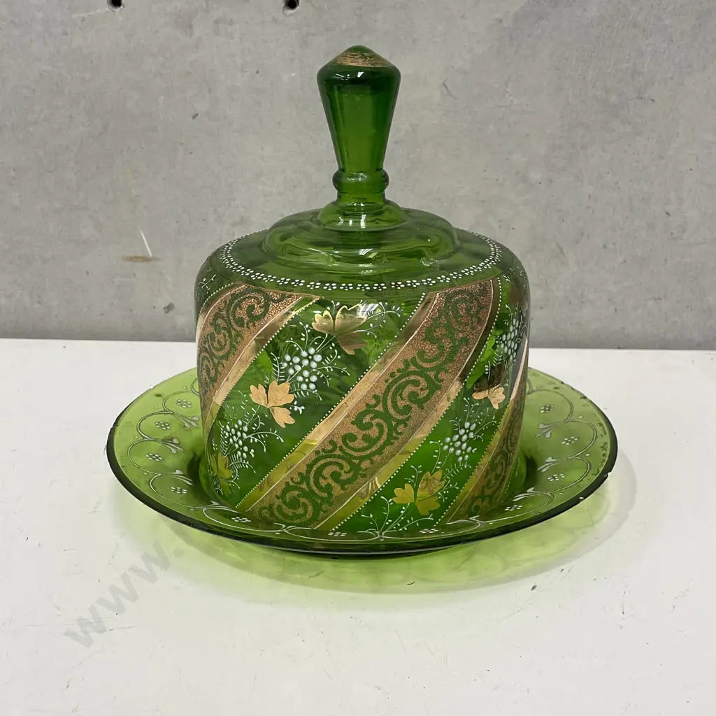Victorian Lime Glass Cheese Keep with handpainted and gilded decoration. H22cm. Some chipping to edge Image 1++