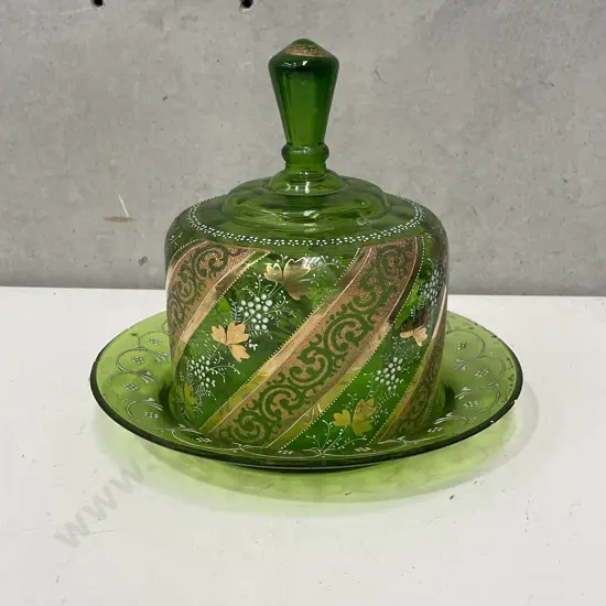 Victorian Lime Glass Cheese Keep with handpainted and gilded decoration. H22cm. Some chipping to edge