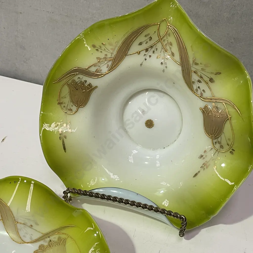 Pair Antique Ruffled edged Glass Bowls with lime border and applied gilt flowers. Dia21cm Image 1++
