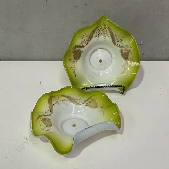 Pair Antique Ruffled edged Glass Bowls with lime border and applied gilt flowers. Dia21cm