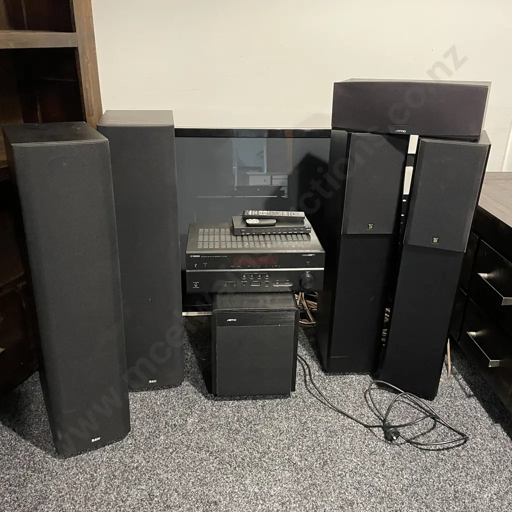 9 Piece Stereo System including Yamaha RX-V581 Reciever Amplifier, Jamo Sub Woofer, Pair of Bowers and Wilkins Speakers, Image 1++