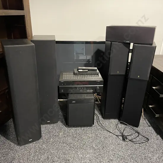 9 Piece Stereo System including Yamaha RX-V581 Reciever Amplifier, Jamo Sub Woofer, Pair of Bowers and Wilkins Speakers,