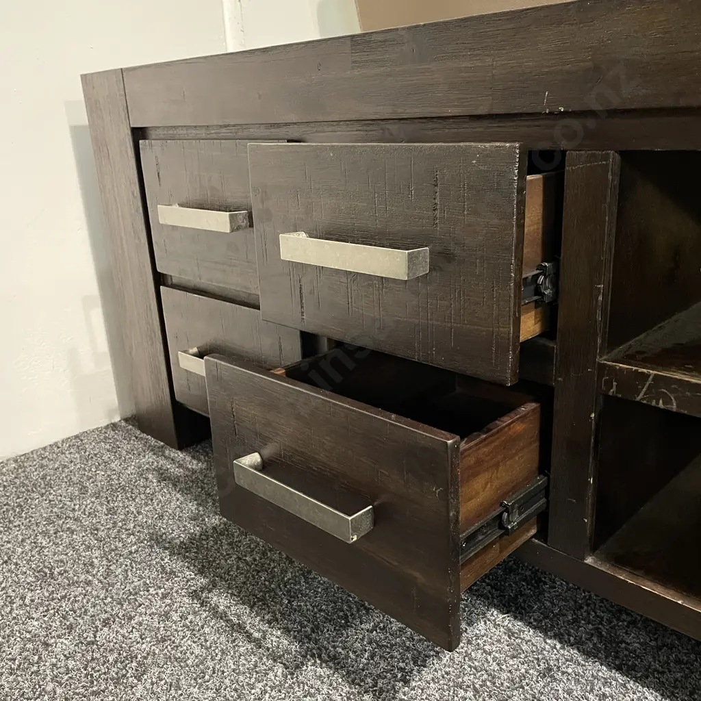 Large Dark Stained Solid Wood Entertainment Unit. 4 Drawer 2 Door, 2 central shelves Image 1++