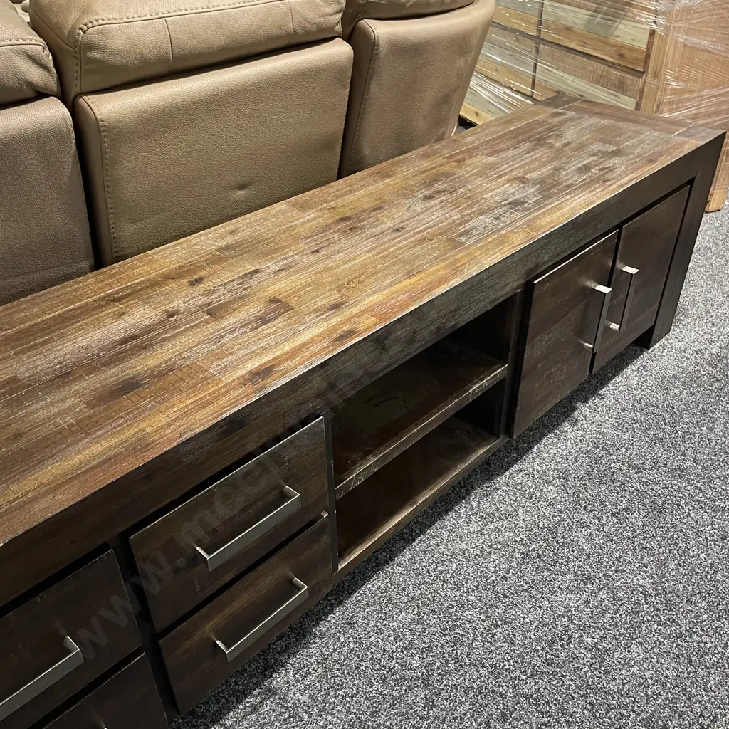 Large Dark Stained Solid Wood Entertainment Unit. 4 Drawer 2 Door, 2 central shelves Image 1++