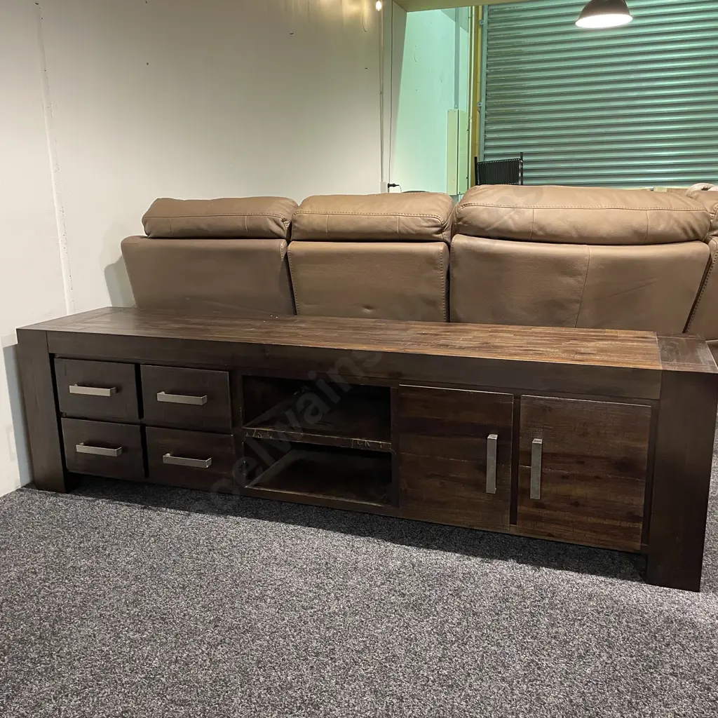 Large Dark Stained Solid Wood Entertainment Unit. 4 Drawer 2 Door, 2 central shelves Image 1++