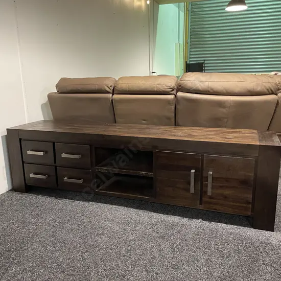 Large Dark Stained Solid Wood Entertainment Unit. 4 Drawer 2 Door, 2 central shelves