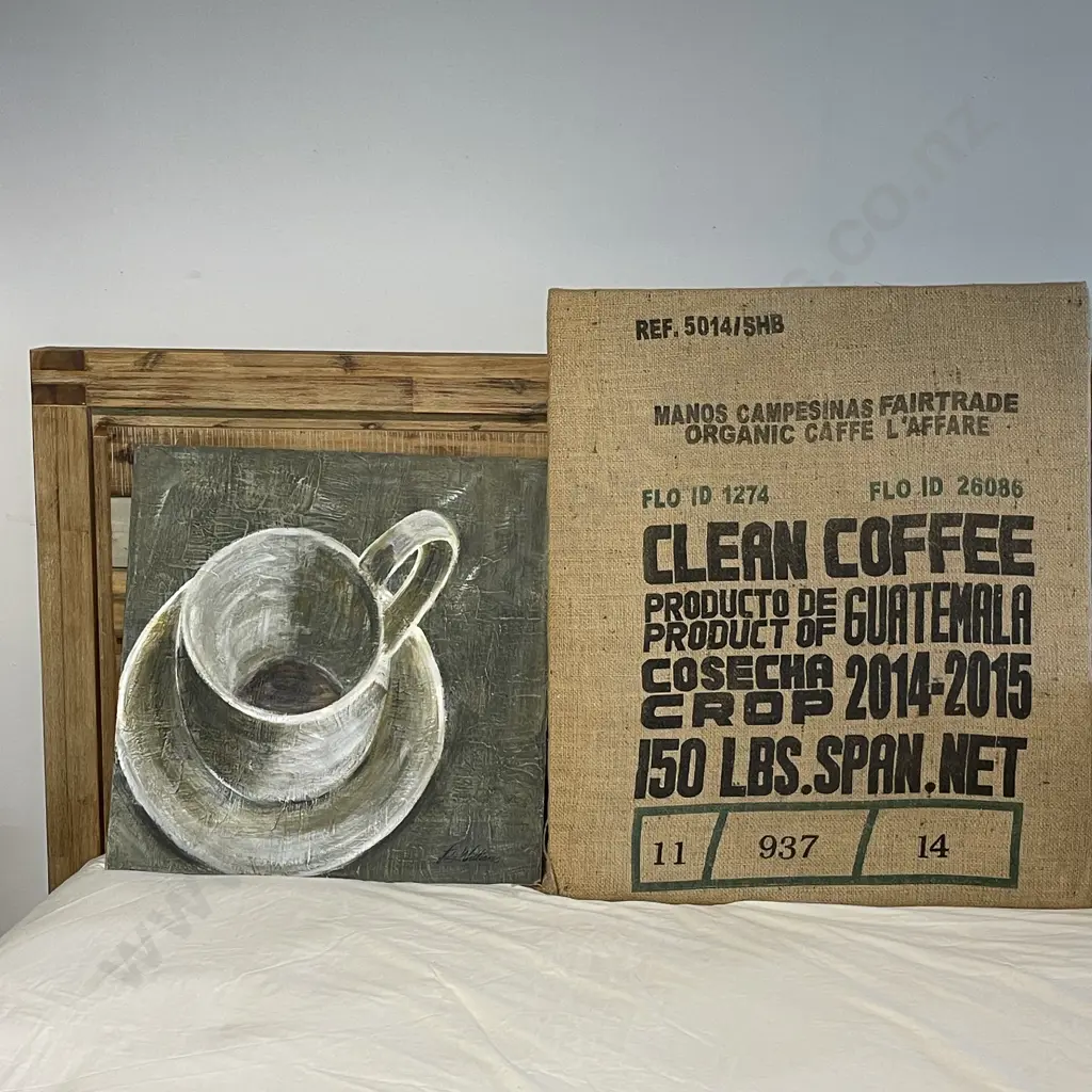 Mounted Coffee Sack with Julie Williams Coffee Cup Artwork Image 1++