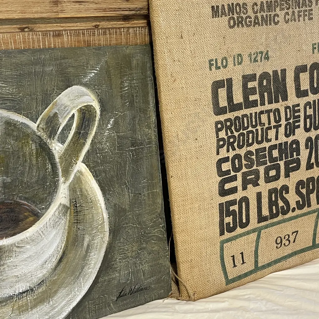 Mounted Coffee Sack with Julie Williams Coffee Cup Artwork Image 1++
