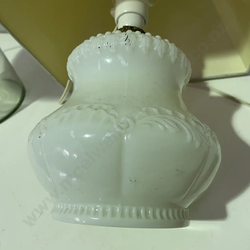 Two Table Lamps with fabric shades including moulded milk glass lamp base. Image 1++