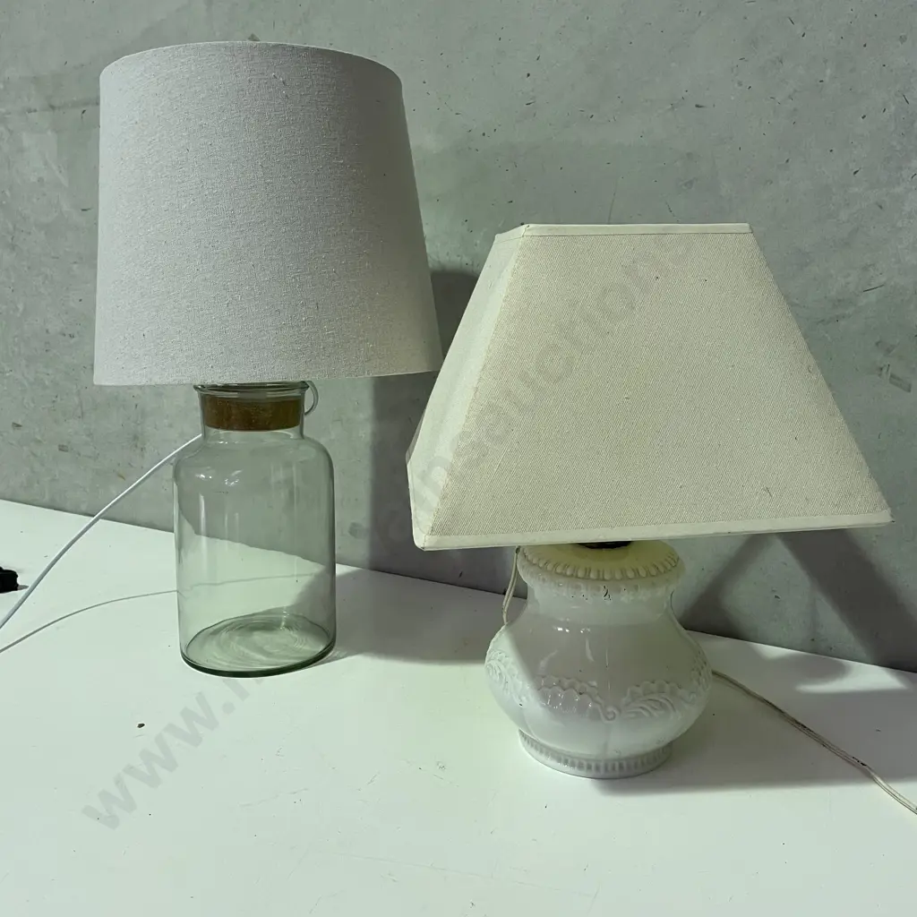 Two Table Lamps with fabric shades including moulded milk glass lamp base. Image 1++