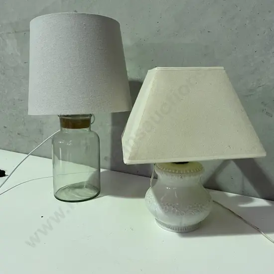 Two Table Lamps with fabric shades including moulded milk glass lamp base.