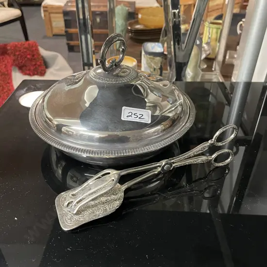 Stamped Silver Lidded Dish with Silverplate Serving Tongs/Fork/Slice