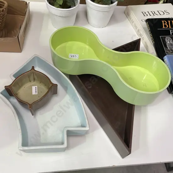 Two Ikebana Style Pottery Plant Troughs with Two Mid Century Pottery Planters