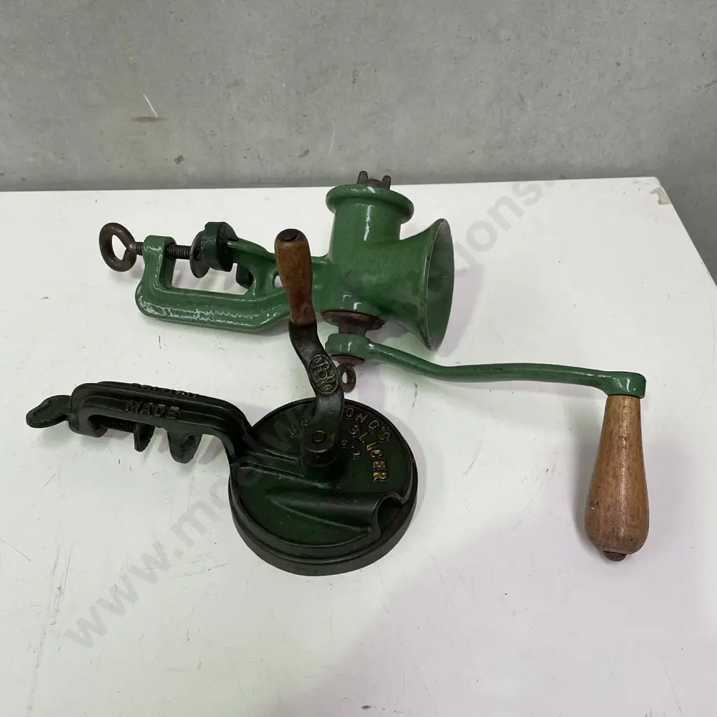 Vintage Spong's Bean Slicer with Vintage Bench Vice Mincer Image 1++