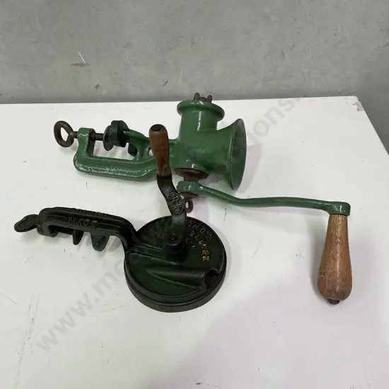 Vintage Spong's Bean Slicer with Vintage Bench Vice Mincer