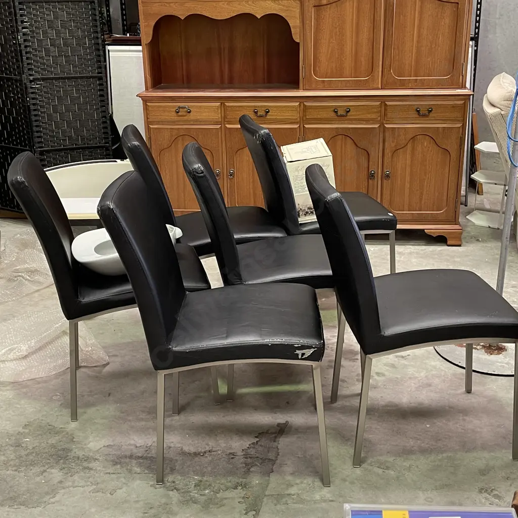 Set of 6 Modernist Dining Chairs. Metal framed with black vinyl (flaking to vinyl) Image 1++