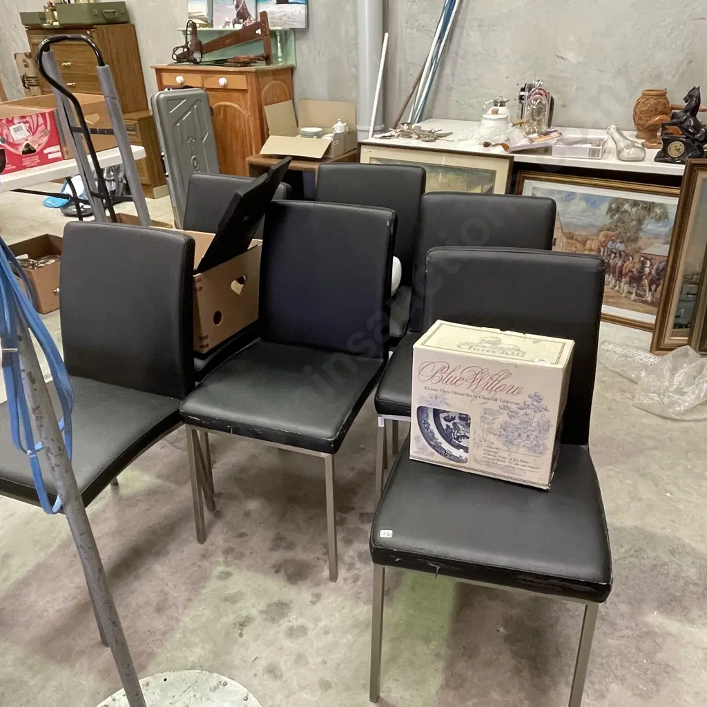 Set of 6 Modernist Dining Chairs. Metal framed with black vinyl (flaking to vinyl) Image 1++