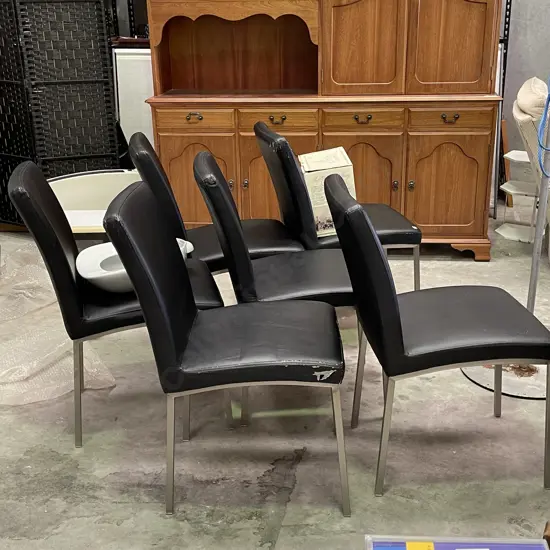 Set of 6 Modernist Dining Chairs. Metal framed with black vinyl (flaking to vinyl)