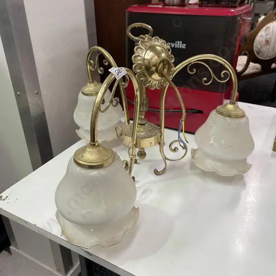 Vintage Brass 3 Arm Light Fitting with Fluted Cream Glass Shades