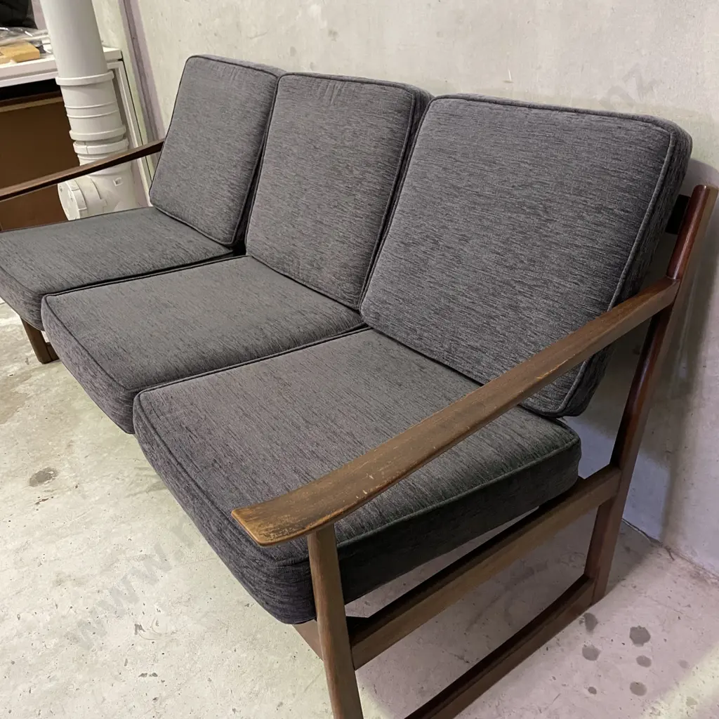 Stunning 1960's Mid Century Teak? 3 Seater Sofa. Peter Hvidt & Orla Molgaard-Neilsen Design. Grey fabric squabs Image 1++