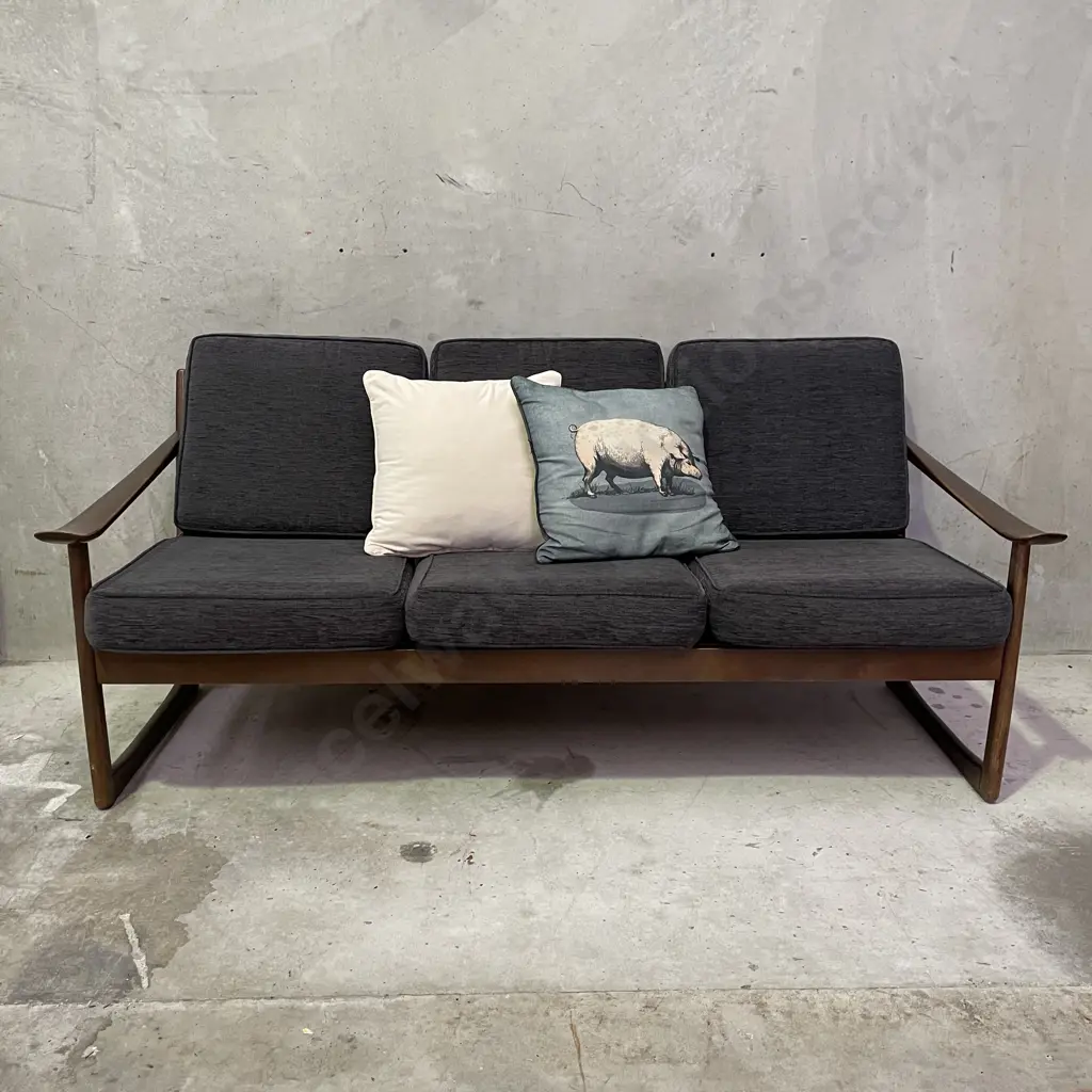 Stunning 1960's Mid Century Teak? 3 Seater Sofa. Peter Hvidt & Orla Molgaard-Neilsen Design. Grey fabric squabs Image 1++