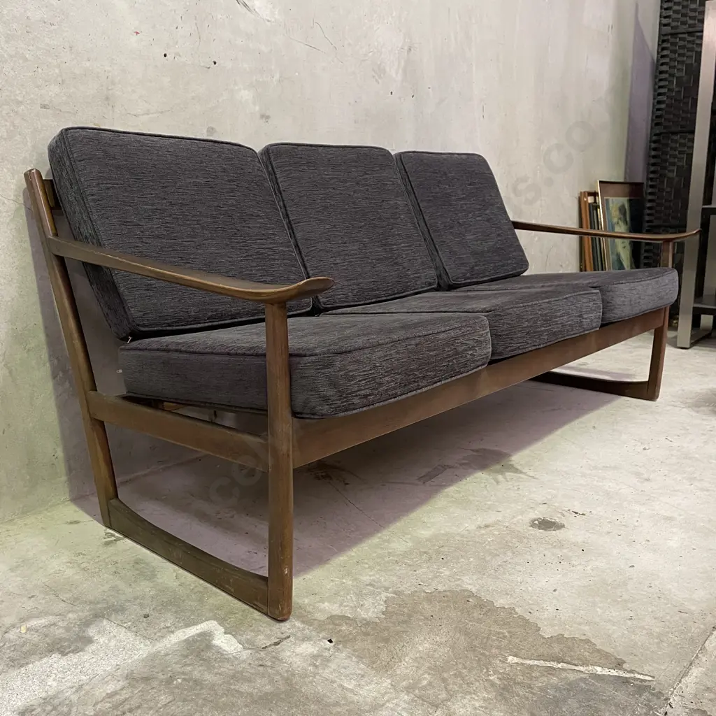Stunning 1960's Mid Century Teak? 3 Seater Sofa. Peter Hvidt & Orla Molgaard-Neilsen Design. Grey fabric squabs Image 1++
