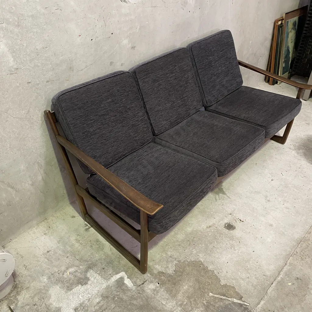 Stunning 1960's Mid Century Teak? 3 Seater Sofa. Peter Hvidt & Orla Molgaard-Neilsen Design. Grey fabric squabs Image 1++