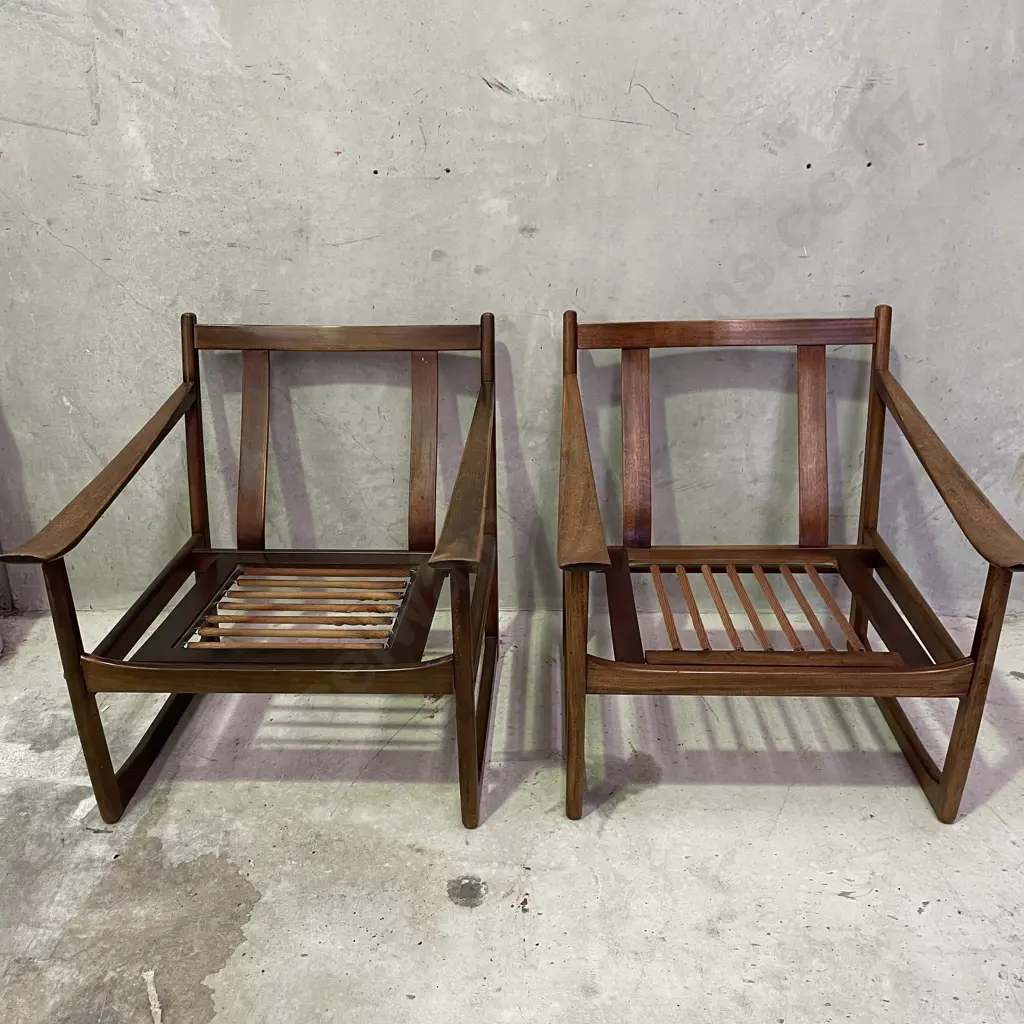 Stunning 1960's Mid Century Pair of Teak? Armchairs. Peter Hvidt & Orla Molgaard-Neilsen Design. Grey fabric squabs Image 1++